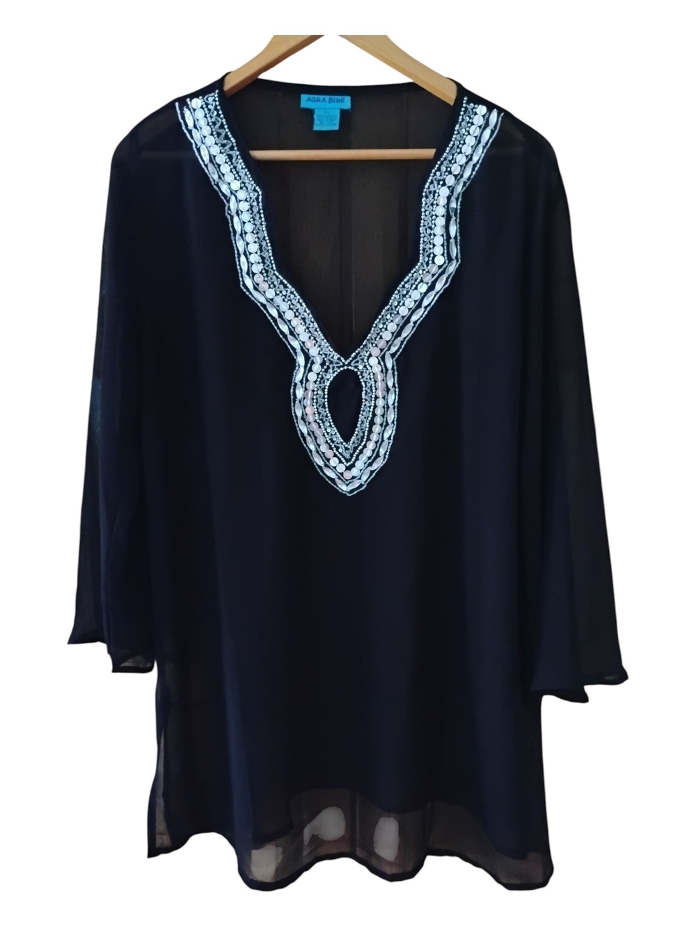 Aqua Blue Black Sheer Beaded V-Neck Swimsuit Coverup Kaftan XL